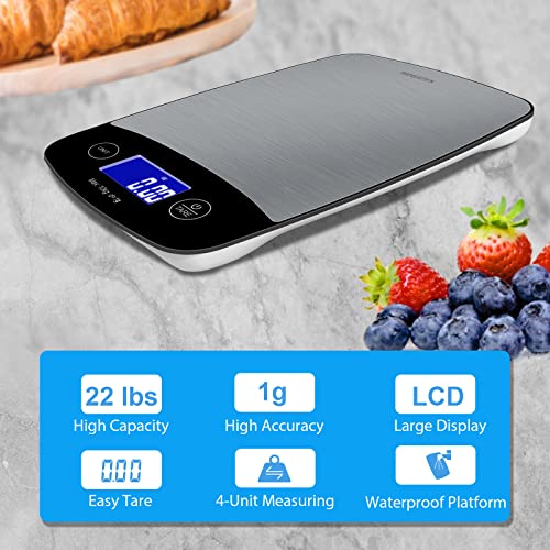 Megatek 22Lb Digital Food Kitchen Scale Weight In Grams And Ounces For Baking And Cooking, 0.05 Oz/1G Accuracy, Large Backlit Lcd Display And Weighing Platform, 304 Stainless Steel #TOP1