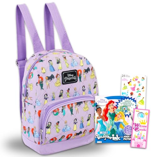 Disney Princess Mini Backpack - 10' Iconic Woven Small Backpack with Front Pocket & Stickers Bundle | Adjusts to Fit Kids, Toddlers, Teens, Women,...
