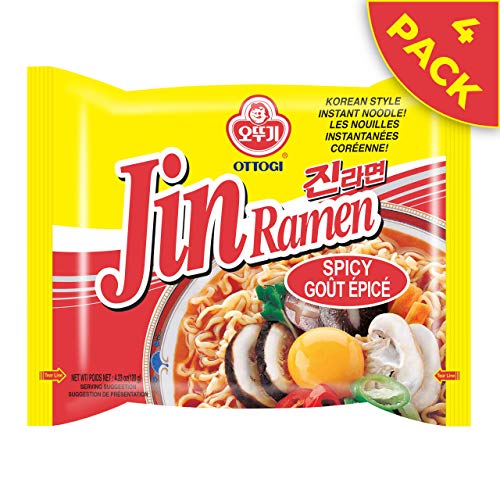 OTTOGI Jin Ramen Spicy, Authentic Korean Instant Noodle, Genuine Korean Tasting Soup and Noodles, Traditional Instant Ramen Noodles 4.23oz x 4 Pack