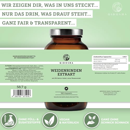 QIDOSHA® Weidenrindenextrakt mit 25% Salicin, 180 Kapseln im Apothekerglas, Wirkstoff-Gehalt in externem Labor testiert, 250mg je Kapsel, deutsche Fertigung