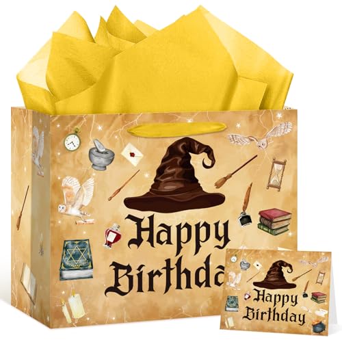 Large Wizard Birthday Gift Bag with Tissue Paper and Greeting Card Magical Hat Birthday...