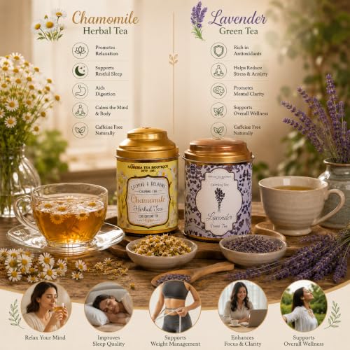 Image of Sancha Tea Boutique, Tea Combo Pack: Chamomile Herbal (50g) & Lavender Green Teas (100g), Loose Leaves, Naturally Calming & Relaxing Tisanes