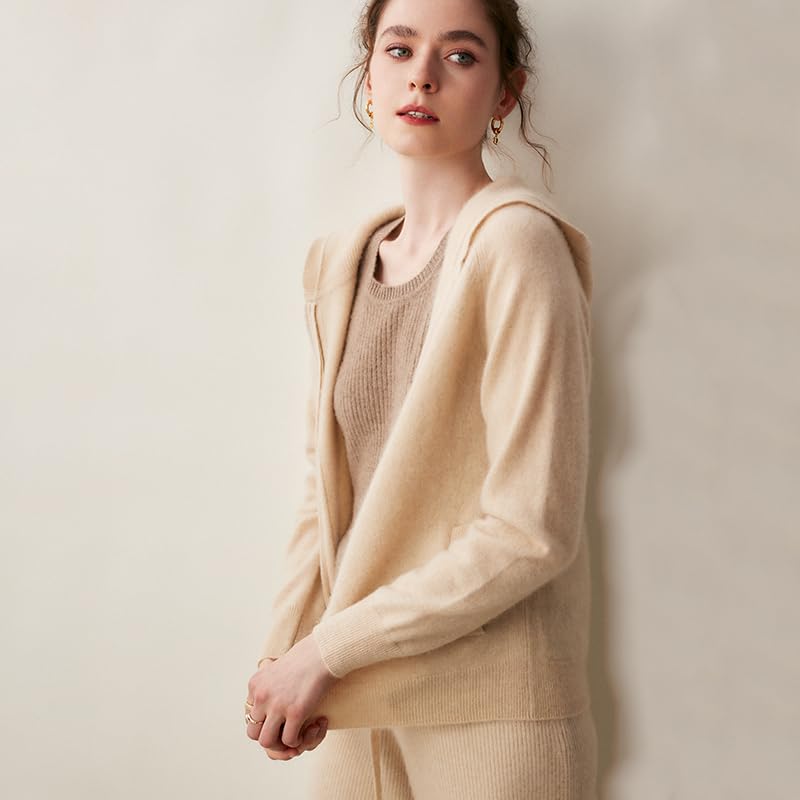 Women's Fall and Winter 100% Cashmere Zipper Open Long Sleeve Hoodie3