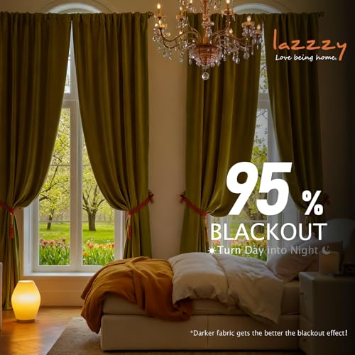 Image of Lazzzy Velvet Blackout Extra Long Curtains Thermal Insulated Room Window Drapes Super Soft Luxury Curtains for Living Room Bedroom Rod Pocket 2 Panels, Golden Olive, 52 inch W x 108 inch L