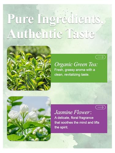 Image of LOOMICA Organic Jasmine Green Tea Bags, Organic Green Tea with Jasmine Flowers, Refreshing & Aromatic, Floral Infusion for Relaxation, No Sugar Added, 20 Counts, (Pack of 2)