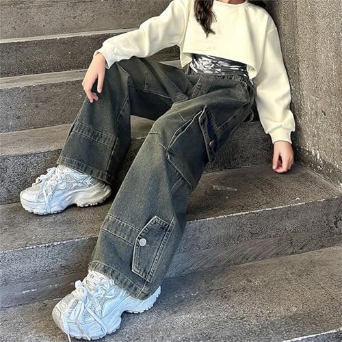 Girls Cargo Jeans Kids Stretchy Wide Leg Elastic Waist Denim Pants Flap Pockets Teens Casual Baggy Y2k Vintage Streetwear2