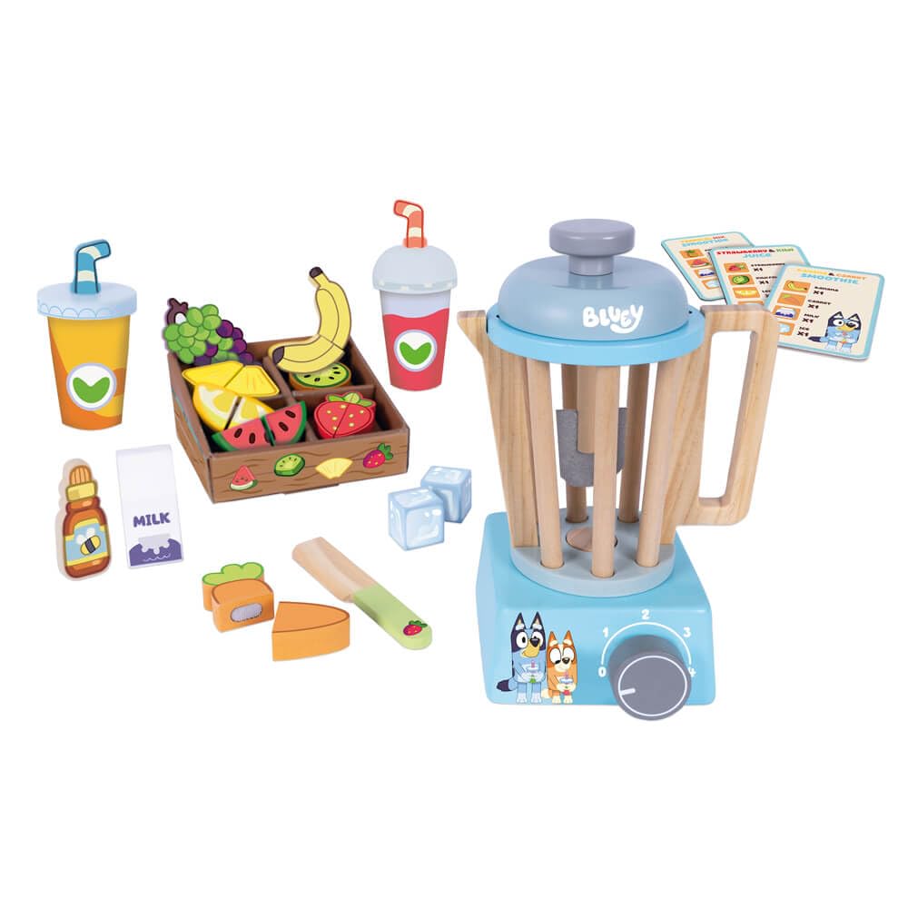 Bluey Drewniany zestaw do smoothie - blender do zabawy w udawanie i akcesoria owocowe - pomysłowa kuchnia zabawka do odgrywania ról dla dzieci w wieku od 3 lat