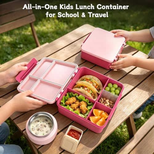 Image of Kids Lunch Box 4 Compartment Bento with 8oz Food Jar，Pink