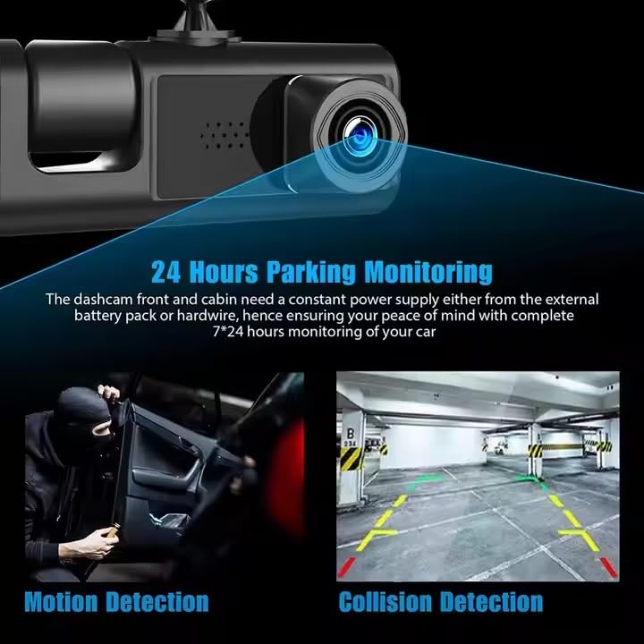 Image of CLOUDSALE WiFi 3 Lens Car Dash Camera 1080P DVR | Triple Channel DashCam Front Inside Rear | IR Night Vision | Loop Recording | 24H Parking Monitor | Car Black Box Video Recorder with Reversing Camera