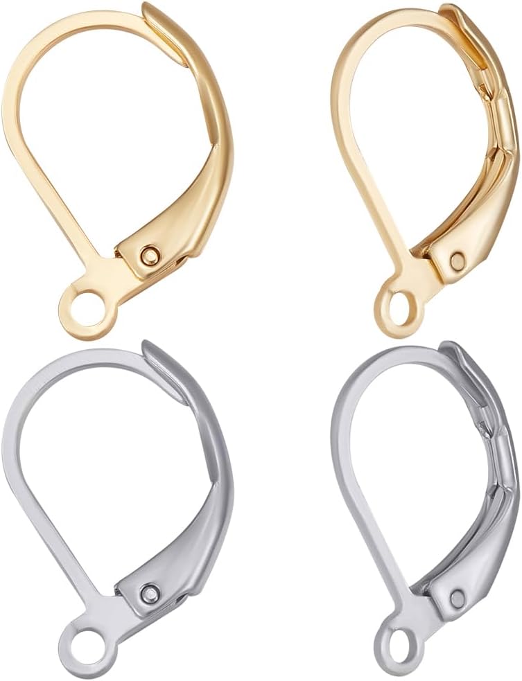 Beebeecraft 1 Box 100Pcs Leverback Earring Findings 24K Gold Plated Brass and Stainless Steel Clasp Earring Hooks 2 Colors Lever Earring Hooks with 1.5mm Horizontal Loops for DIY Jewelry Making