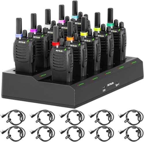 Retevis H777 Walkie Talkie con Auricular, Profesional Walkie-Talkie con Cargador de 6 Ranuras, PMR446 Radio Sin Licencia, VOX, USB-C Walkies con Auricular para Comercial y Seguridad (Negro, 10 Pcs)