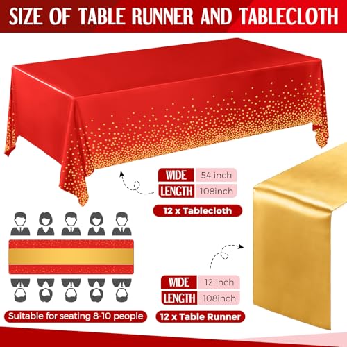 Image of Breling 24 Pack Red and Gold Disposable Plastic Tablecloths and Satin Table Runner Set, 54 x 108 Inch Tablecloth, 12 x 108 Inch Table Runners for Wedding Graduation Birthday Baby Shower New Year