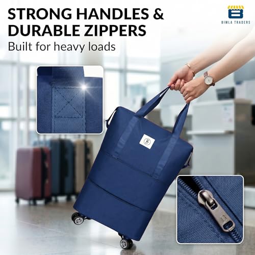 Image of Btag Travel Duffle Bag with Wheels | Convertible Handbag, Trolley & Shoulder Luggage for Clothes | Space-Saving Foldable Travel Companion | Expandable & Waterproof Traveling Bag for Unisex (Navy Blue)