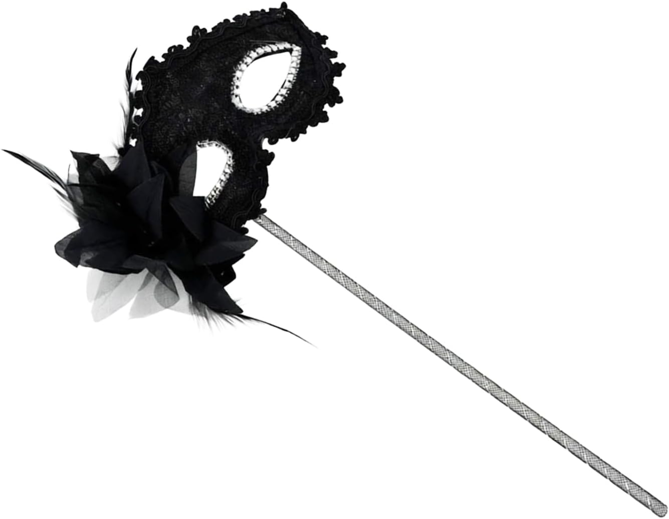 Women's Masquerade Masks Side Feather Flower Petal Hand Held Lace Mask with Stick