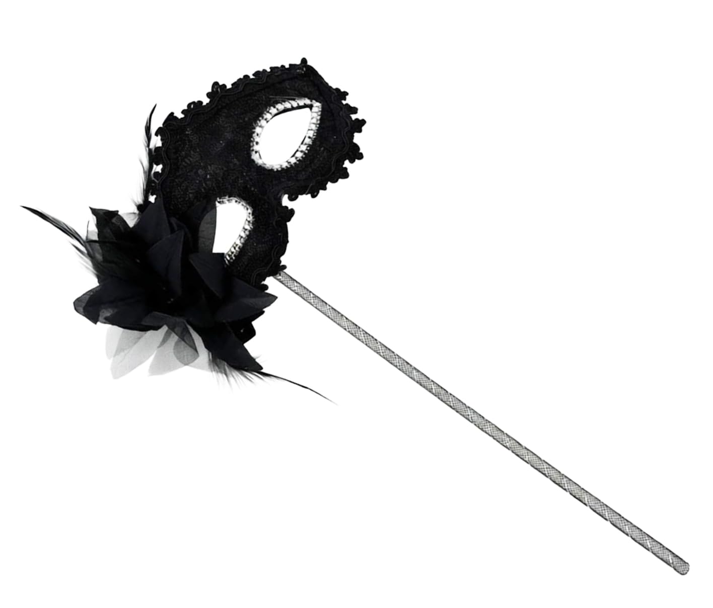 Women's Masquerade Masks Side Feather Flower Petal Hand Held Lace Mask with Stick,(Black) โ image 1