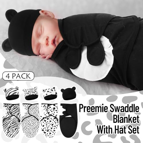 Image of Buryeah 4 Pack Preemie Swaddle Blanket Wrap Set with Hat for Baby Boys Girls 3-7 Lbs Preemie Newborn Clothes Sleepers Cap (Black and White,Leopard)