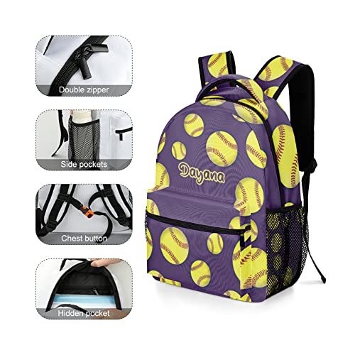 Ball Softball Baseball Purple Custom Name Backpack Waterproof Casual Daily Pack for Gift Hiking Camper Pack 5