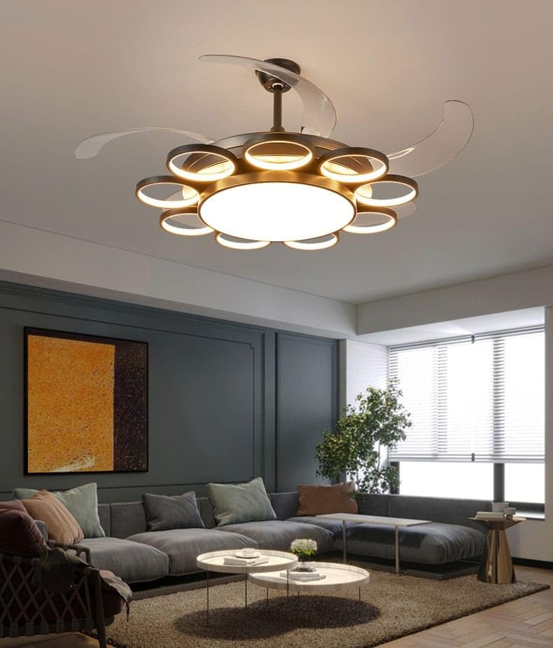 Image of Glowave 9+1 Rings Light Chandelier Fan 52 Inch Black Retractable Blades Remote Control - Tricolour | Warm White, White, Natural White | (FI7775BK)