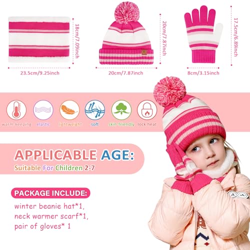 Image of Kids Toddlers Winter Hats Knit Warm Beanie Scarf Gloves Set for Boys Girls Age 2-7, Pompom Cap Neck Warmer Fleece Lined Gifts
