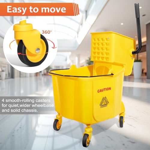 Image of 35 Qt Commercial Mop Bucket with Side Press Wringer on Wheels Set | Including 35 Quart Industrial Mop Bucket |1 Commercial Mop |1 Wet Floor Caution Sign | Yellow