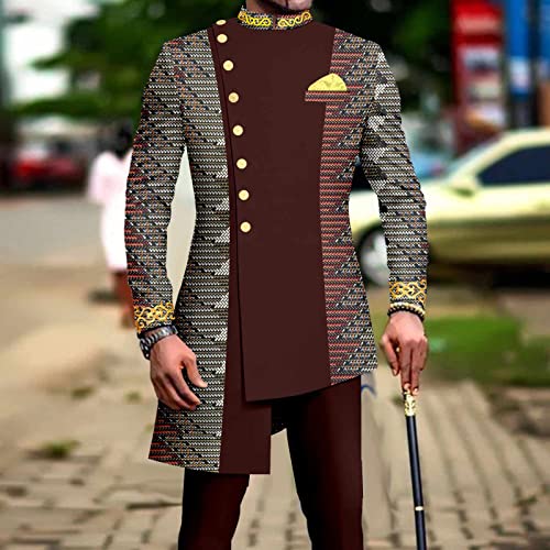 African Suits for Men Single Breasted Embroidery Print Blazer and Pants Set Dashiki Outfits2