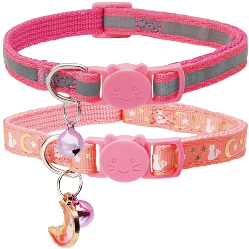 DAIHAQIKO 2Pack Reflective Cat Collars Breakaway Cats Collars with Bell, Adjustable Pet Kitten Collars for Girl&Boy(Pink,9.8