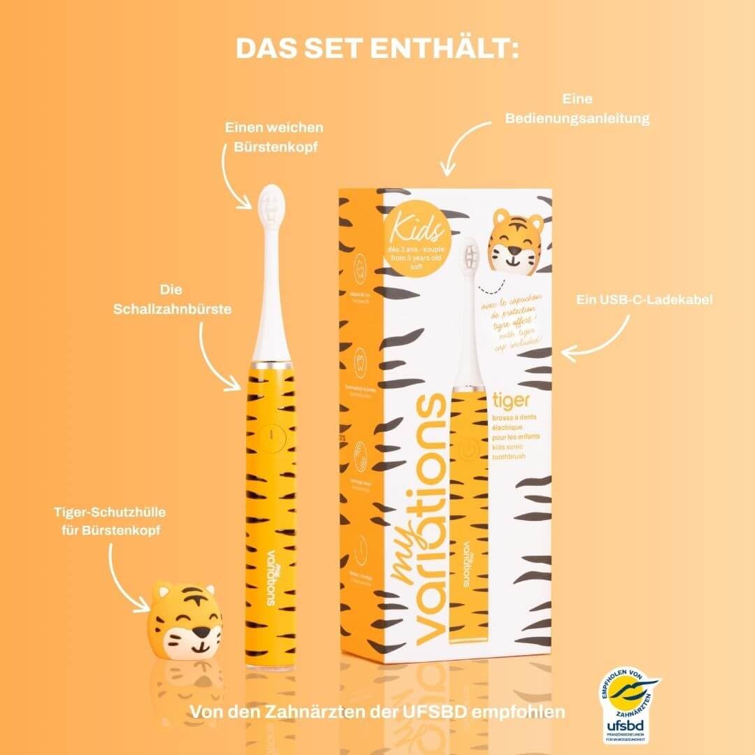 My Variations Kids – Elektrische Schallzahnbürste für Kinder – wiederaufladbar – empfohlen von Zahnärzten – 2 Modi – 27 Aufkleber – 1 Monat Akkulaufzeit – Timer – ab 3 Jahren (Tiger, 3-12 Jahre)