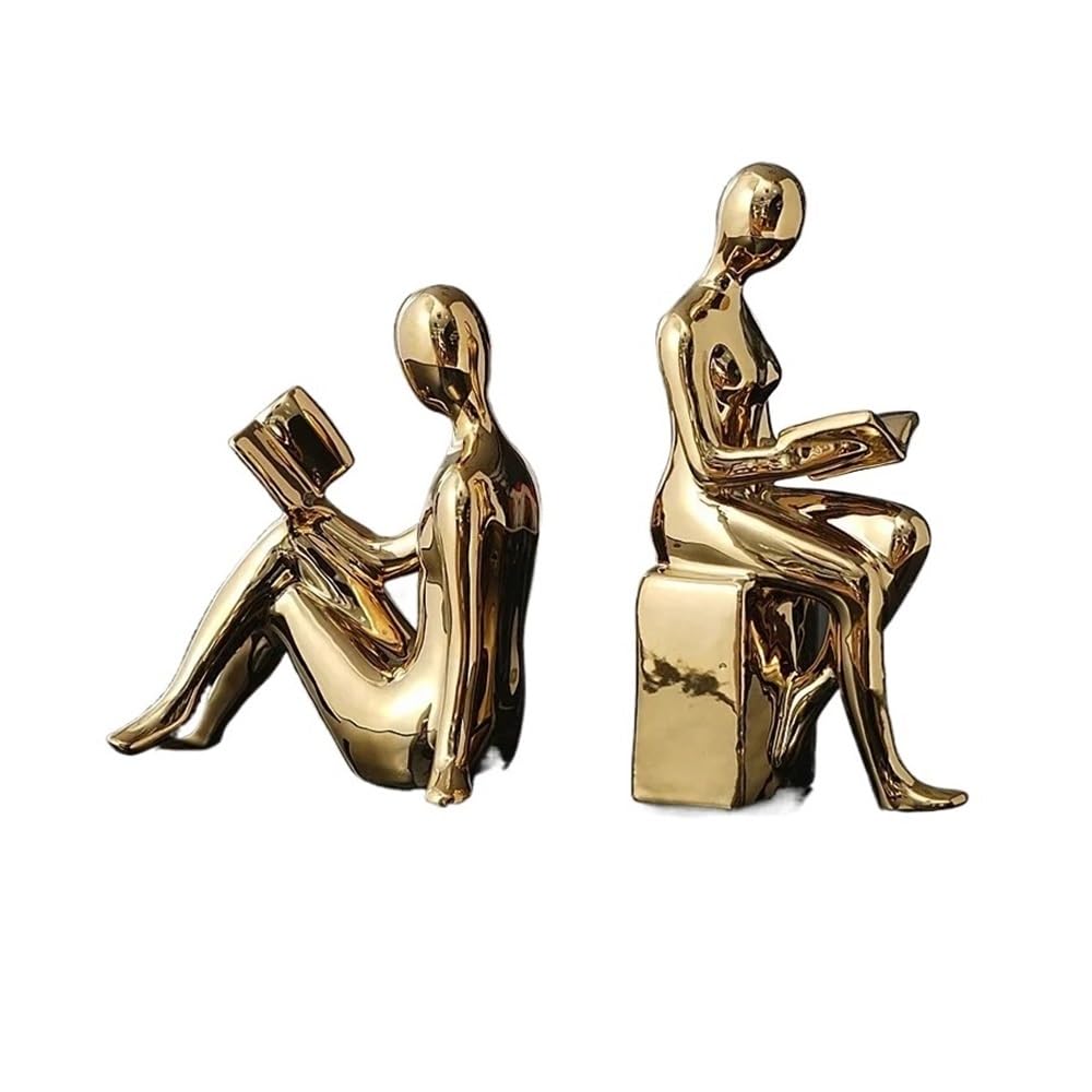 1Set/2Pcs Ceramic BlockBook Shelf Stopper Holder Bookend Desktop Study Room Ornament Sculpture Bookends(Gold)