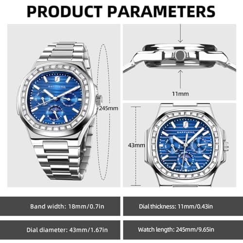 Image of Sapphero Watches for Men Waterproof Luminous Watches with Date Dial Chronograph Analog Quartz Movement Steel Stainless Business Wrist Watches Mens Gifts