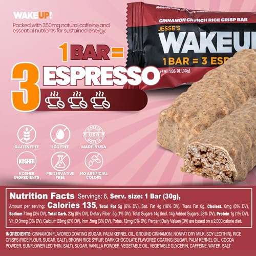 Image of WAKE UP! Caffeinated Cinnamon Crunch Energy Bars - 350mg Caffeine Per Bar (3 Espressos) - Coffee Alternative for Extreme Energy & Focus - Vegetarian, Gluten-Free, Kosher - 3 Pack (18 Bars)