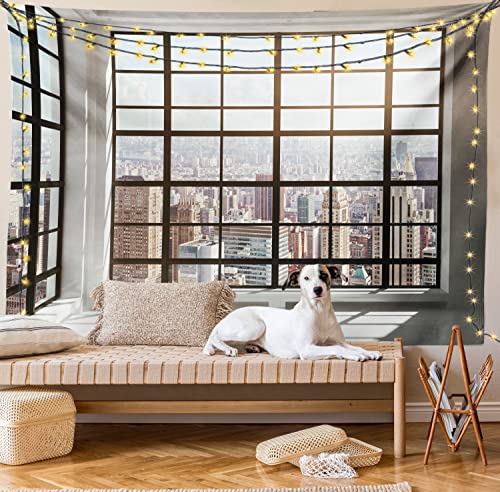 Ambesonne Modern Tapestry, Urban City View of Apartments from Square Shape Windows Photograph, Wide Wall Hanging for Bedroom Living Room Dorm, 80