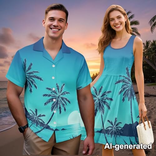 Image of Hawaii Matching Couple Outfits Husband and Wife Clothing Fashionable Mens Casual Shirts Hawaii Dress with Soft Fabric