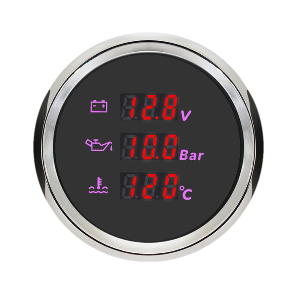 ELING 52 mm Multimètre 12 V 24 V Voltmètre Pression D'huile Thermomètre de Température Eau 3en1 avec Rétroéclairage 8 Couleurs