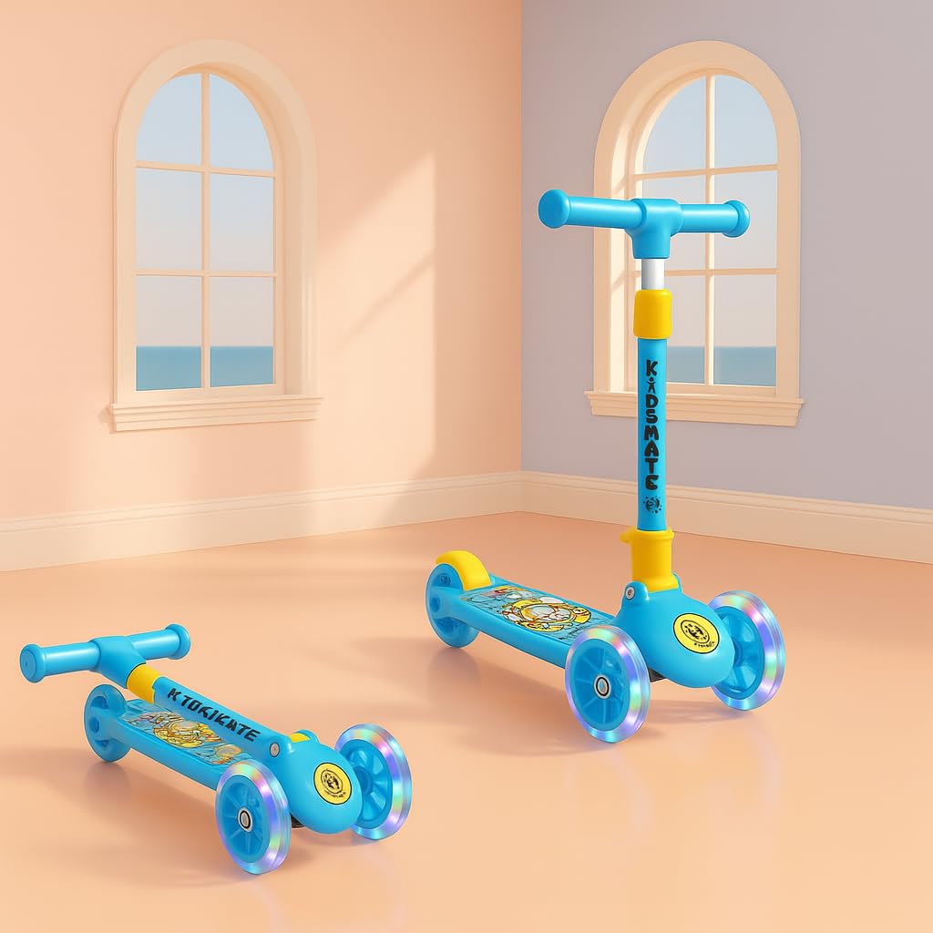 Kidsmate Speedy Kick Scooter for Kids (ISI Certified) with LED Wheel Lights, Height Adjustable Handlebar & Foldable Design & Rear Brakes for Kids of Age 3+ Years (Blue)