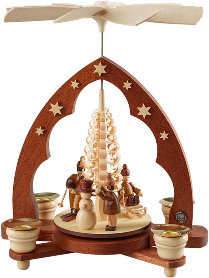 Müller German Christmas Pyramid Children in Winter, 1-Tier, Height 28 cm / 11 inch, Natural, Original Erzgebirge by Müller Seiffen