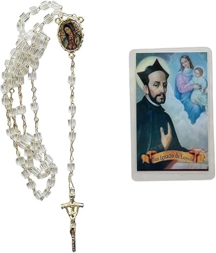 "San Ignacio de Loyola" Tarjeta Laminada con Oración y Rosario de Cristal de La Virgen de Guadalupe