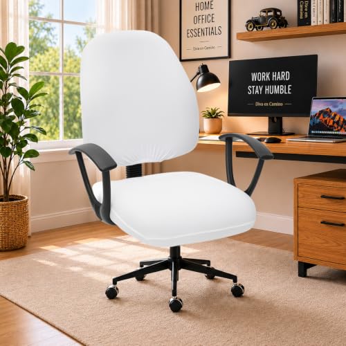 Image of Stretchable Desk Office Chair Seat Covers - Universal Spandex Computer Chair Slipcover - Removable Washable Rotating Backrest Coverings & Cushion Protectors for Dogs, Cats, Pets, White