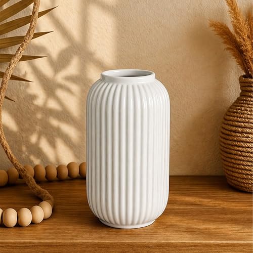 Image of Art Street Decorative Boho Ceramic Vase Premium Shell Ribbed Modern Table Bookshelf Decor Classic Flower Pot for Home, Office, Living Room, Decoration, (White, Size : 5x9 Inch)