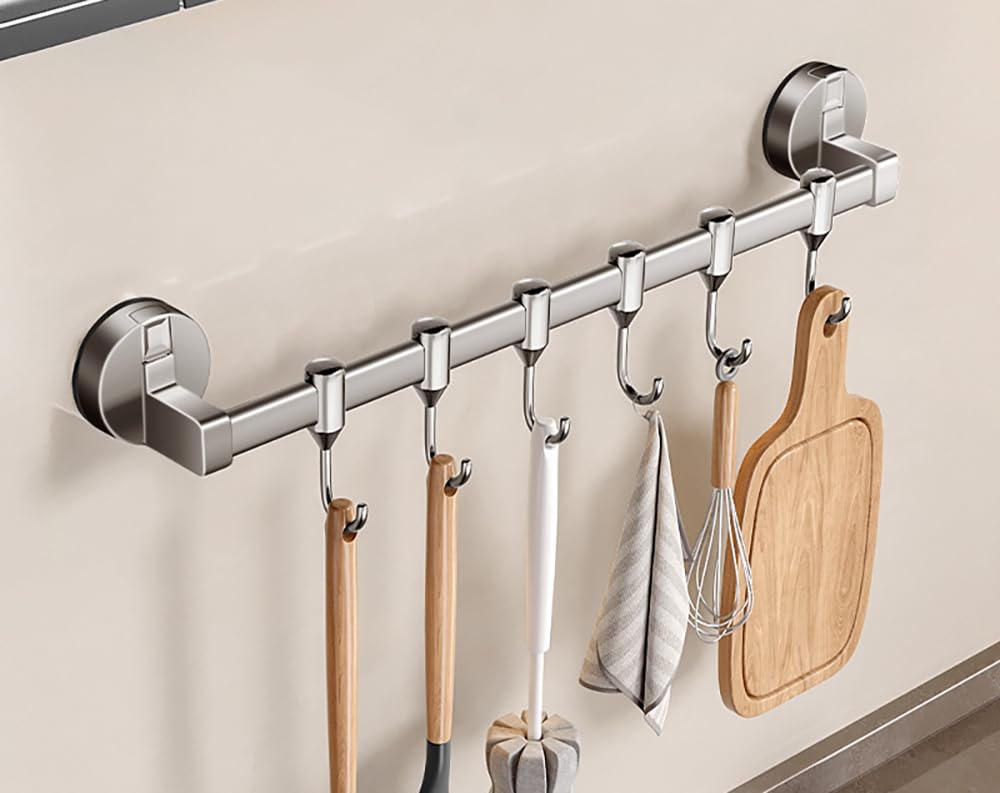 LNGFSH Wall Mounted Utensil Rack Suction Cup, Aluminum Hanging Kitchen Rail Removable Hooks, Hanger Organizer for Utensil (Gray,with 6 Hooks 40cm)