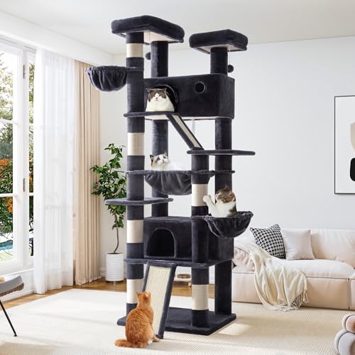 Image of Allewie 81 Inches Tall Cat Tree /Multi-Level Large Climbing Tree House and Towers for Big Feline /Condo and Hammock /Scratching Post /Wide Base /Dark Grey