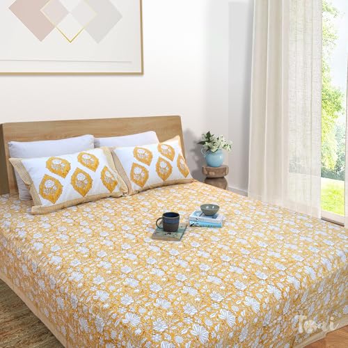 Image of TOAI Hand Block Printed Bedsheet | Bed Spread Flatsheet Bed Sheet | Pure Cotton | King Size 108 inchx108 inch |210 TC Long Luxury Cotton | 2 Reversible Pillow Covers |Mustard Yellow Klamkari