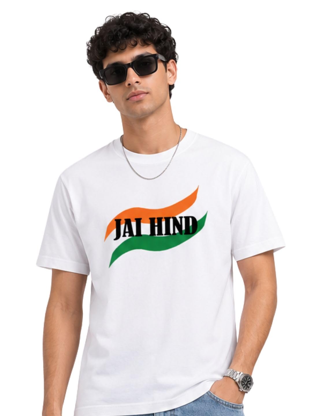 yak yak Men Independence Day Jai Hind Tricolour Wave Oversized Cotton T-Shirt White-picture-14