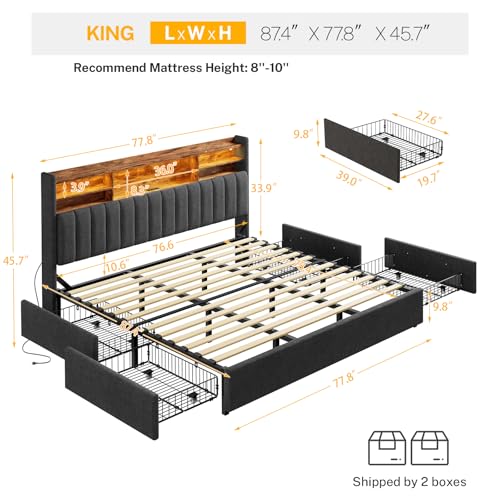 Image of TEENFON King Size Bed Frame with Headboard and 4 Drawers Storage, Bed Frame King Built in LED Lights and Charging Station, Sturdy & Noise-Free Upholstered Platform Metal Bed, Dark Grey