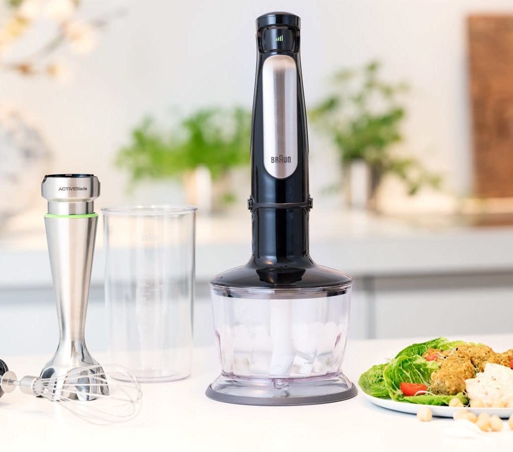 Braun Minipimer 7 - Batidora de Mano con Tecnología SplashControl, Sistema ActiveBlade para Alimentos Duros, Selección de Velocidad, Picadora 500 mL, Vaso 600 mL, 1000 W, Negro (MQ7035X)