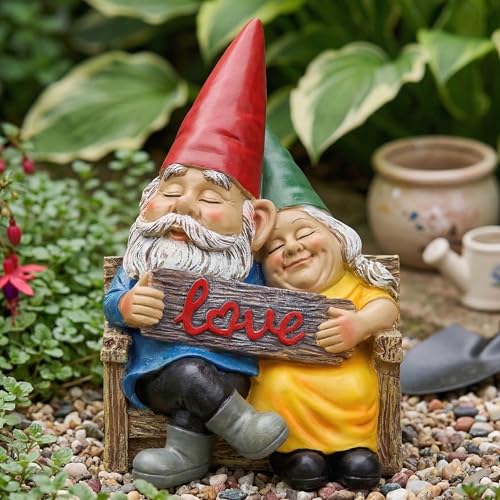 Funny Garden Gnomes Couple Statue,Outdoor Garden Ornaments, Romantic Gnome Figurine Sculptures on Bench for Patio Lawn Yard Decor, Unique Wedding for Couples & Friends