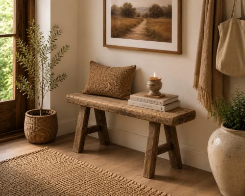 Image of Artissance Handmade Wooden Entryway Bench, Vintage Noodle Bench for Living Room, Bedroom, or Entryway, End of Bed Bench, Weathered Natural Wood Bench Indoor Farmhouse Decor