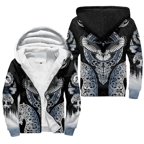 JHBTFQ Nórdico Vikingo Chaqueta para Hombre Cuervo Odín Hugin Munin Impreso en 3D Otoño/Invierno Caliente Sudadera con Cremallera Medieval Regalos,Blue White,4XL