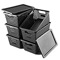 VEGITERIA Storage Baskets with Lids - 6 Quart Stackble Plastic Organizer Bins for Pantry, Closet, Bedroom,Shelves | Durable Home Office Classroom Organization and Storage, 6 Pack, Black