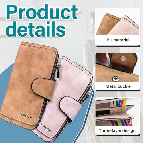 Triple Fold Womens Wallet PU Material Long Wallet with Mental Buckle, Credit Card Wallets 2 Photo Slots, 14 Card Slots, 6 Note Position, 1 Zipper Bag (Brown)4