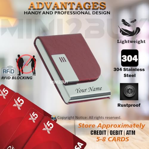 Image of Mini2buy Customized Name Engraved Card Holder for Credit, Debit, ATM, and Business Visiting Cards from Premium Stainless Steel Size Ideal for Personal use or Corporate Gifting (Marron)